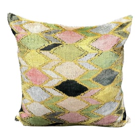 Turkish Modern Green and Pink Velvet Silk Ikat Pillow Cover