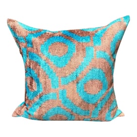 Turkish Modern Blue Velvet Silk Ikat Pillow Cover