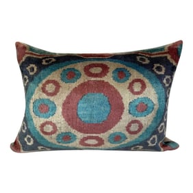Turkish Modern Pink and Blue Velvet Silk Ikat Pillow Cover