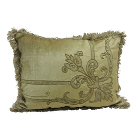 Antique Silk Velvet Olive Green Applique Decorative Bolster Pillow