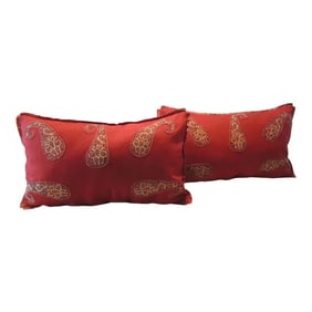 Vintage Red Felt Paisley Applique Lumbar Decorative Pillows - Set of 2