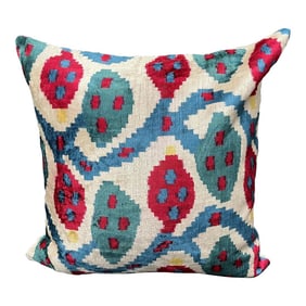 Turkish Modern Blue Multicolor Velvet Silk Ikat Pillow Cover