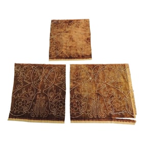 Antique Embroidered Brown & Gold Velvet Textile Fragments - Set of 3