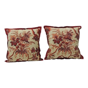 Vintage French Scarlet Red and Orange Printed Linen Decorative Pillows - A Pair