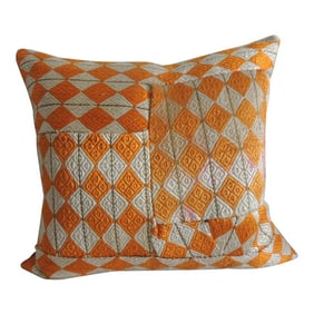 Indian Orange and Yellow "Phulkari" Woven Embroidery Square Pillow