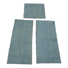Vintage Large Scale Wedgwood Blue Damask Silk Fabric Panels - Set of 3