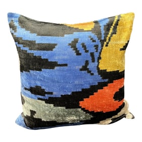 Turkish Modern Blue Multicolor Velvet Silk Ikat Pillow Cover
