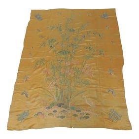 Vintage Orange & Green Embroidered Asian Silk Textile Panel