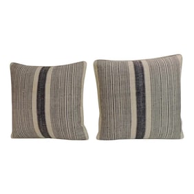 Vintage Chinese Homespun Blue and Natural Stripes Decorative Pillows - A Pair