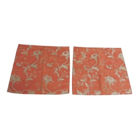 Antique Orange & Silver Woven French Silk Textile Fragments - Set of 2
