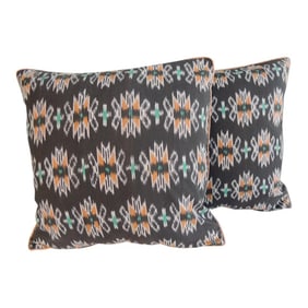 Vintage Woven Black and Orange Ikat Decorative Square Pillows - a Pair