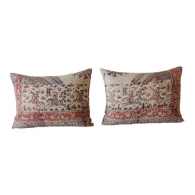 Vintage Hand-Blocked Kalamkari Bolster Decorative Pillows - A Pair