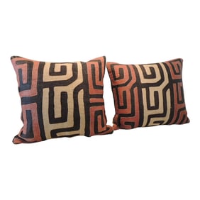 Vintage Woven African Raffia Kuba Textile Square Decorative Pillows - Set of 2