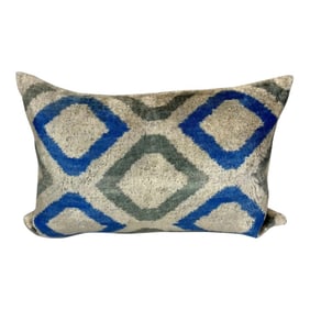 Turkish Modern Blue and Gray Velvet Silk Ikat Pillow Cover