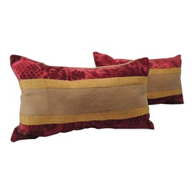 Antique Red and Gold Silk Velvet Decorative Lumbar Pillows - Set of 2