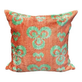 Turkish Modern Orange Velvet Silk Ikat Pillow Cover