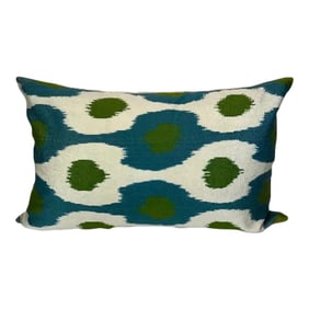 Turkish Modern Blue Green Silk Ikat Pillow Cover