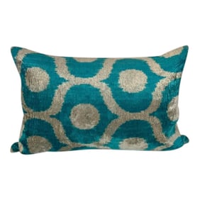 Turkish Modern Blue Velvet Silk Ikat Pillow Cover
