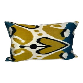 Turkish Modern Yellow and Blue Silk Ikat Pillow Cover