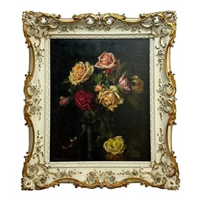 British Oil Painting Flowers Garden Roses Signed Ernest Higgins Rigg Staithes Group Framed