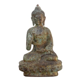 Serene Prescence, Antique Verdigris Bronze Buddha Sculpture