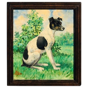 Late 19th Century Victorian Portrait of a Seated Jack Russell in Landscape, Signed Bruns