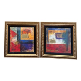 1970s Framed Abstract Art "Interdule L"and "Interlude Ll" Signed Kati Roberts - Set of 2