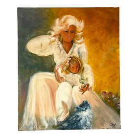 Vintage Signed Original Oil Portrait of a Mother & Daughter