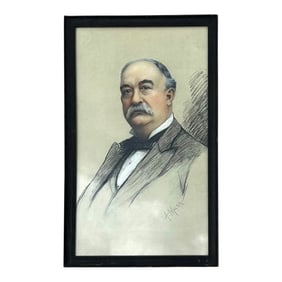 Mid 20th Century Vintage Charcoal Pen Pastel Oil on Canvas, Framed