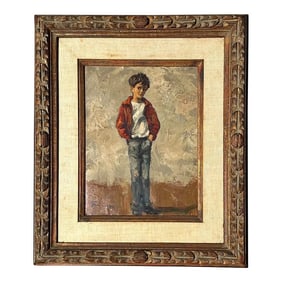 Mid 20th Century Vintage Boho Original Figural of Young Man Oil on Canvas, Framed