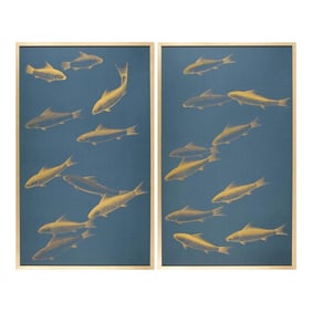 Metallic Gold Fish on Deep Blue Silk Paintings Diptych, Framed