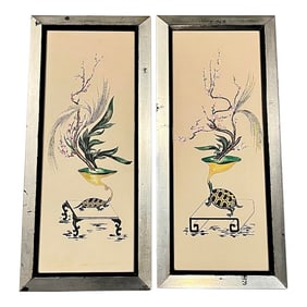 Mid-Century Surrealist Flowers and Turtles Original Watercolor Gouache Framed Paintings Tall 29"h -