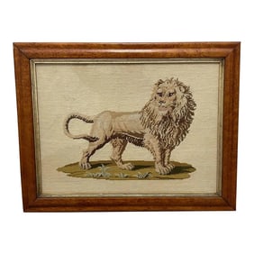 Traditional British Victorian 19th Century Woolwork Lion Textile Tapestry Maple Framed
