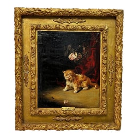 19th Century Oil Painting Kitten Patience by Francisco Jos√© Domingo Y Marqu√©