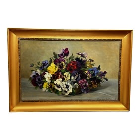 Early 20th Century Danish Oil Painting Still Life of Pansies Signed Emma L√∏ffler