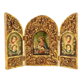 19th C. Spanish Colonial Carved Giltwood Triptych of Virgin Mary & Christ Child