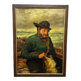 British Newlyn 19th Century Nautical Painting of a Cornish Sea Fisherman Releasing Catch