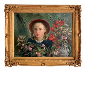 Mid 20th Century Portrait Girl Amongst Flowers, by Marion Henseler