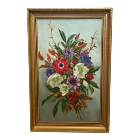 British Oil Painting Flowers & Red Berries by Elizabeth Bridge Ri Roi 1912-1996