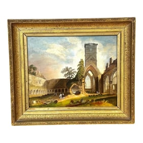 19th C. Italian Capriccio Ruins of Church with a Cemetery & Gravediggers