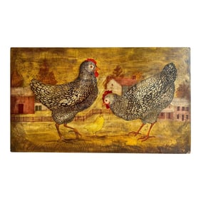 American Folk Art paintings of Chickens in Farm Landscape, signed 'Horiz'