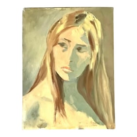 Vintage Boho Italian 1960s Original Oil Portrait on Canvas