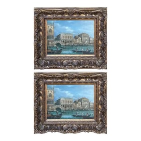 20th Century Decorative Venetian Canal Paintings- a Pair