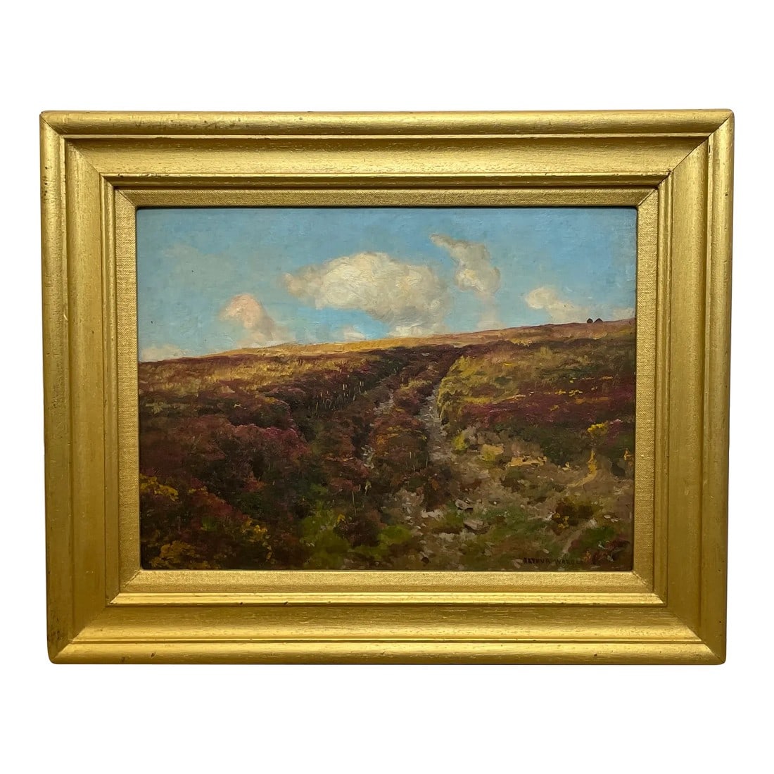 Antique Traditional Early 20th Century British Oil Painting of Exmoor Landscape by Arthur Wardle: 1 Fine Antique British Work of Art Oil Painting Exmoor Landscape by Arthur Wardle 1860-1949. Subject beautiful traditional landscape view of Exmoor, with sloping moor hills & expansive grassland with