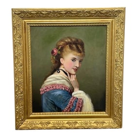 English 19th Century Oil Painting Portrait Ginger Hair Rose Young Lady in Contemplation