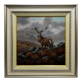 British Oil Painting Scottish Highlands Stag With Fawn Deers Monarch in the Glen I Signed Wendy Reev
