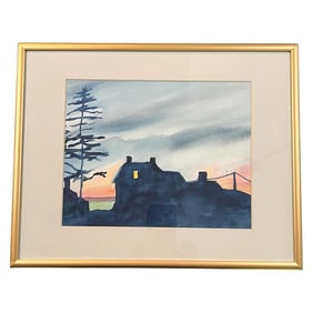 Original Contemporary Moody Watercolor Painting "Mohegan Sunset" in a Gold Metal Frame With Mat