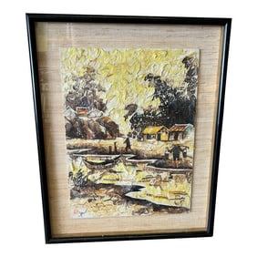 Vintage Asian Village Butterfly Wing Art Signed