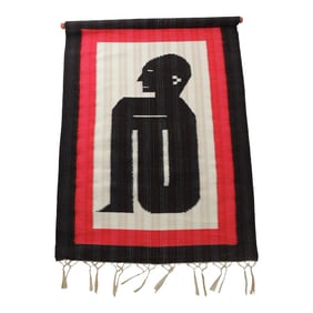 Woven Red and Black Wall-Hanging Depicting Seating Man