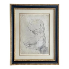 Grand Tour' Old Master Drawing of a Seated Male Nude Antique Statue Torso
